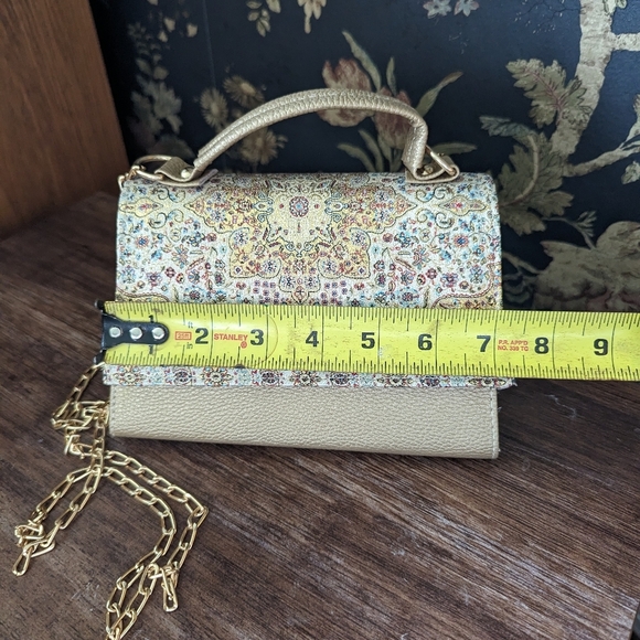 Vintage Turkish Rug Inspired Mini Crossbody Gold Chain Handbag Golden Pastel - Picture 2 of 8